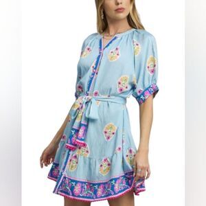 Umgee Floral Print Tie Waist Short Sleeve Dress Blue Dress sz Large